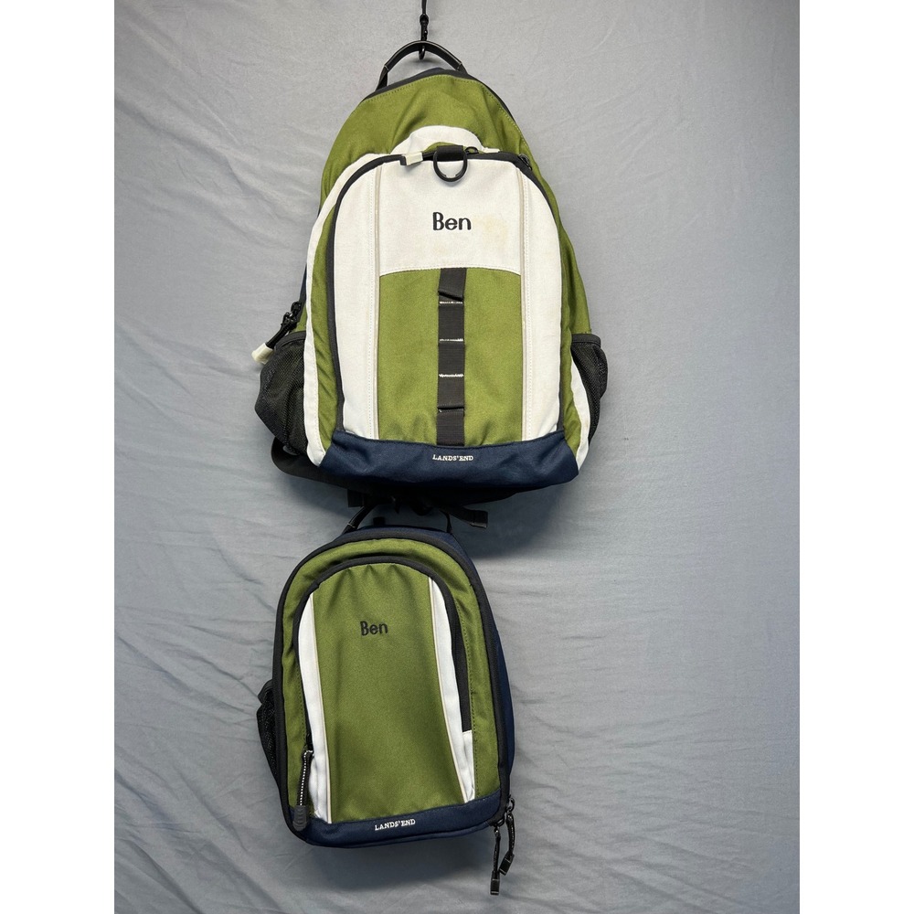 Lands End Backpack Lunch Box Set Kids Green White Navy Ben Embroidered School